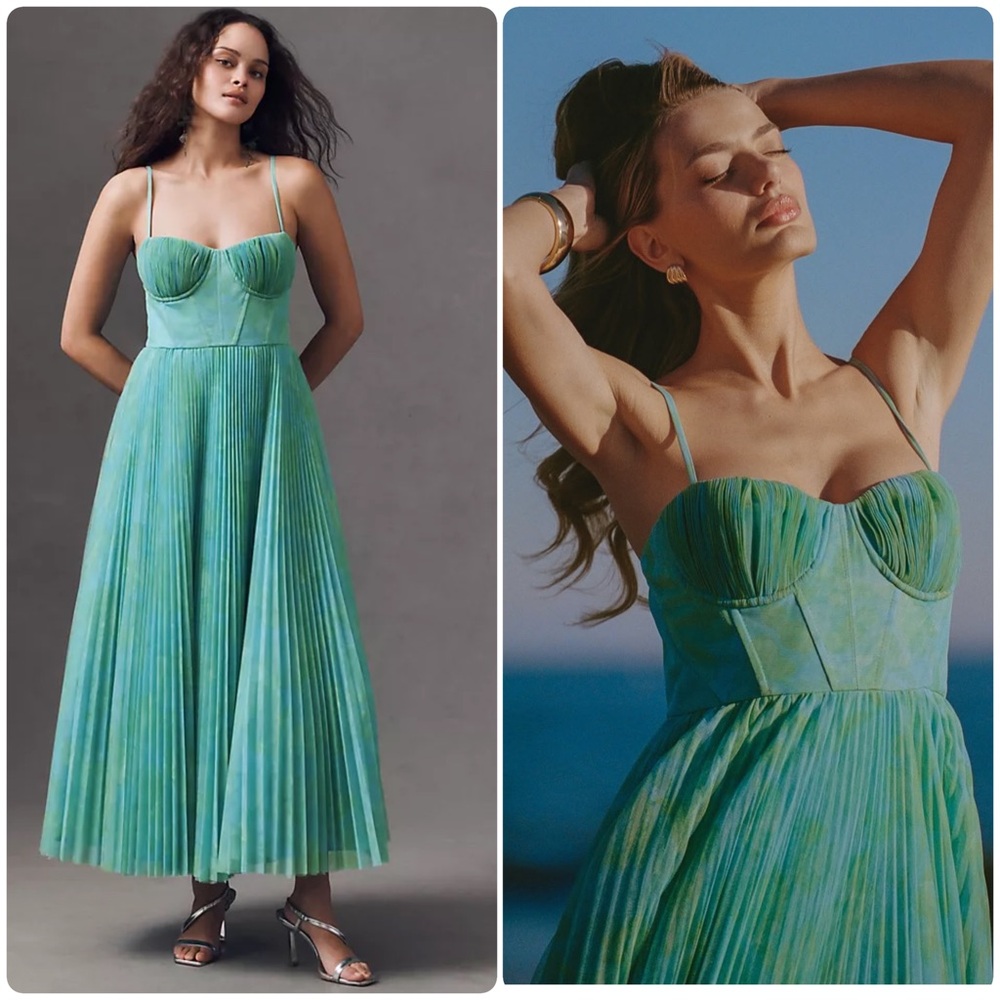 Anthropologie Hutch Green Blue Pleated Midi Dress
